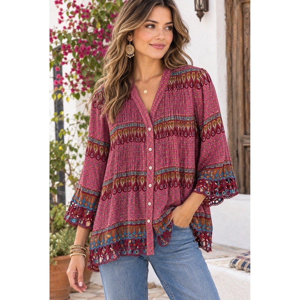 Sundance 100% Silk Boho Paisley Blouse Pin tuck Lace Sheer Boho Eclectic S